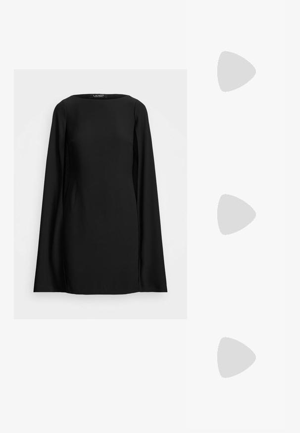 Vestido negro de manga larga con cuello redondo, textura suave y corte recto. Diseño minimalista sin patrones ni adornos.; Zapatos de tacón alto de cuero negro con diseño de punta afilada, que presentan un corte en la parte delantera y un delgado tacón de aguja.; Cartera de mano de piel negra con una correa de cadena dorada, que presenta una textura suave, forma rectangular y un logotipo en relieve en la parte frontal.; Pendientes de aro de metal en tono dorado con una forma curva y alargada. Presentan una superficie lisa y brillante y una punta redondeada para mayor detalle.