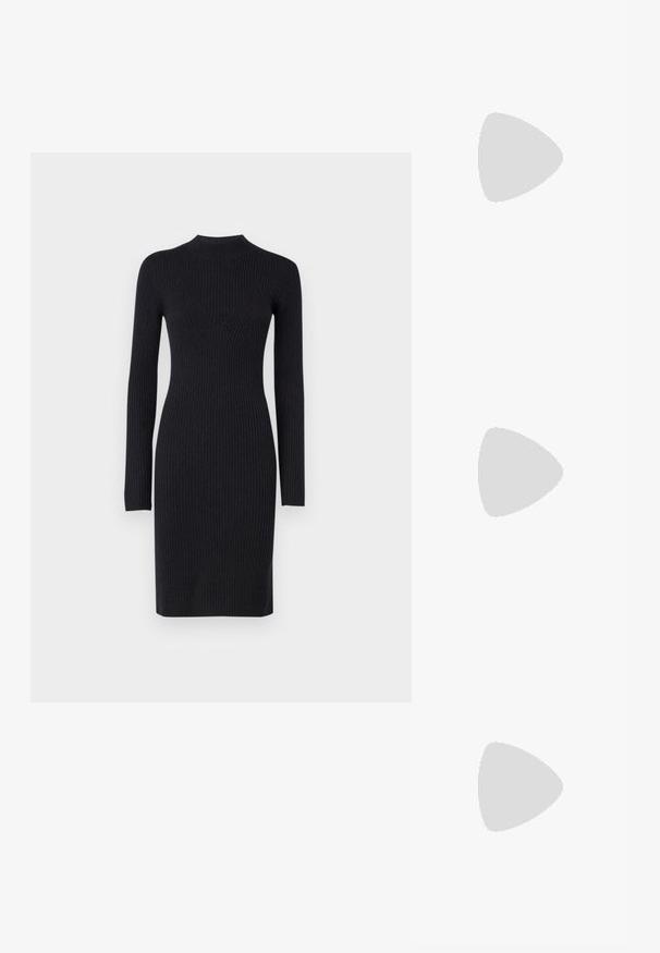 Vestido de punto acanalado de manga larga en negro, con un cuello alto y un corte ajustado al cuerpo, que presenta costuras en ángulo en el busto.; Calvin Klein GEO STILETTO - Zapatos altos - black; Bolso de hombro de cuero negro con una textura suave, forma triangular y correa ajustable, combinado con una camisa de rayas azul claro y pantalones blancos.; Bolso de hombro de cuero negro con una textura suave, forma triangular y correa ajustable, combinado con una camisa de rayas azul claro y pantalones blancos.; Bolso de hombro de cuero negro con una textura suave, forma triangular y correa ajustable, combinado con una camisa de rayas azul claro y pantalones blancos.; Pendientes de aro en tono dorado con forma de media luna, superficie pulida y cierre tipo bisagra. La textura suave y el acabado reflectante mejoran la visibilidad.