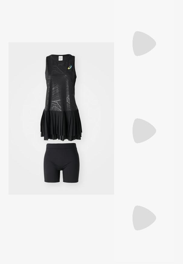 Schwarzes sportliches Tanktop aus leichtem, atmungsaktivem Material. Hat einen runden Ausschnitt und ein dezentes Logo auf der oberen linken Seite.; ASICS MATCH CAPSULE DRESS SET - Sportkleid - performance black; Hellgraue Laufschuhe mit einer strukturierten Oberseite, Schnürverschluss und dämpfender Sohle. Verfügt über ein Logo an der Seite und eine gemusterte Außensohle.; Schwarze fingerlose Handschuhe aus dehnbarem Material, mit einem offenen Handdesign, Griffakzenten und dem weißen Nike-Logo.