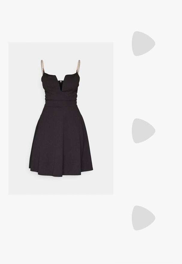 Musthave mustaga a-lainest, millel on sügava V-kaeluse ja õhukesed rihmad. Rihmad on kaunistatud pärlidega ja istuv ülaosa.; Kuldne metallik kõrge kontsaga sandaal, millel on ristatud rihmad, avatud varvas, reguleeritav pahkluu rihm sangaga ja peen kontsidesain.; Ringikujulised prillid tumedate läätsede ja kullast raamiga. Mudel on selga pannud helesinise soonikuga kardigani, millel on nupud ja kontrastsed valged varrukad.; Michael Korsi randmevõru beige kaetud kangast, millel on korduv MK logo muster, kuldne riistvara ja eemaldatav ahelistrap.