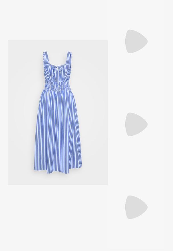Kratki rukav krem majica od pamuka s tamnocrvenim printanim tekstom "New York Tommy Hilfiger" i malim logotipom na donjem rubu.; Haljina plave i bijele pruge s uskim tijelom, širokim trakama i elastičnom strukom. Suknja se proteže do koljena. Materijal je pamuk.; Ljubičaste suede tenisice s bijelim vezicama, debelim kremastim potplatom i kontrastnim šavovima. Imaju nisko rezanje i okrugli vrh.; Crne pravokutne sunčane naočale s tamnim lećama, sjajnim plastičnim okvirom i zlatnim akcentima na sljepoočnicama. Minimalistički dizajn i elegantan oblik.