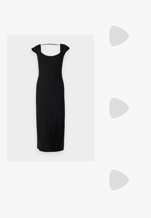 Robe noire sans manches avec un décolleté carré, un corsage ajusté et des détails de manches évasées. Fabriquée dans un tissu lisse et extensible.; Escarpin en cuir verni noir avec un bout pointu et un design épuré, comportant un talon aiguille de 10 cm et une finition lisse et brillante.; ONLY ONLFLORENCE CROSSBODY BAG - Sac bandoulière - blue denim/gold; Boucles d'oreilles en argent avec plusieurs strass clairs, présentant un design en cascade et des surfaces texturées, sur un fond neutre.