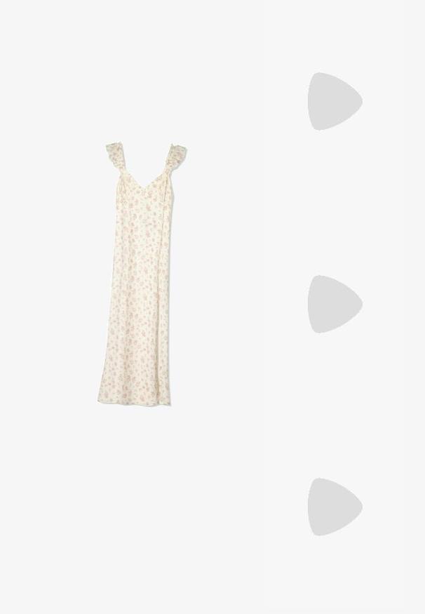 Rochie slip florală cu bretele volan, având un fundal crem și modele mici de flori roz. Material moale, design lung până la podea.; Botă cowboy din suede bej, cu vârf ascuțit, cusături decorative albe și toc din lemn stratificat. Dispune de o bandă de prindere în partea din spate.; Ochelari de soare ovali cu lentile verzi, cadru din metal auriu și vârfuri din plastic maro închis. Ușori, cu logo-ul vizibil Ray-Ban pe o lentilă.; Geantă de mână cu textură de crocodil neagră, cu franjuri pe părțile laterale, mâner superior și curea de umăr ajustabilă. Se remarcă prin brandul subtil aurit.