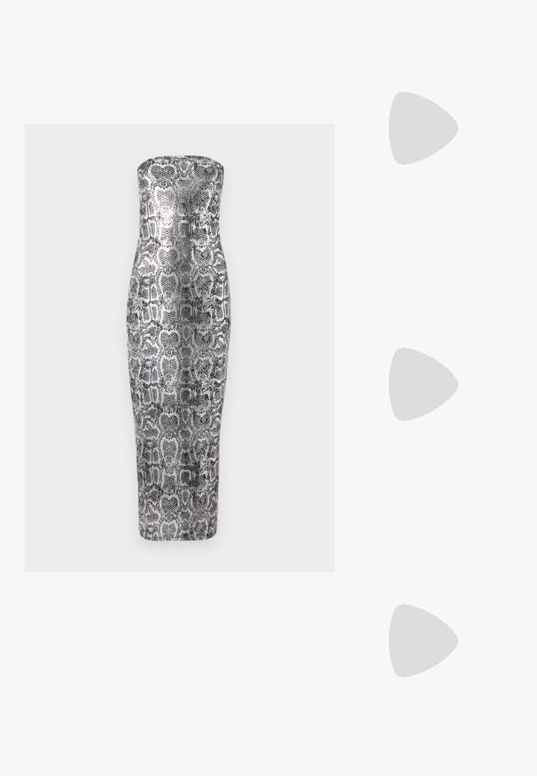 Olkaimeton midi-mekko käärmeennahkakuosilla, jossa on tiukka siluetti, sileä pinta ja metallinhohtoisia sävyjä hopeaa ja mustaa.; Musta nubuck-korkokenkä, jossa on korkea korko ja alusta, nilkkahihna hopeisella varusteella, avoin varvassuunnittelu ja sileä pinta.; Musta nahkainen käsilaukku, joka on kaareva muotoilultaan, irrotettavalla hihnalla ja kultaisilla yksityiskohdilla. Laukussa on läppä, jossa on solk yksityiskohta.; Hopeissa on sileä, kiillotettu pinta. Pyöreä muoto, kevyt rakenne ja turvallinen sulkuratkaisu.
