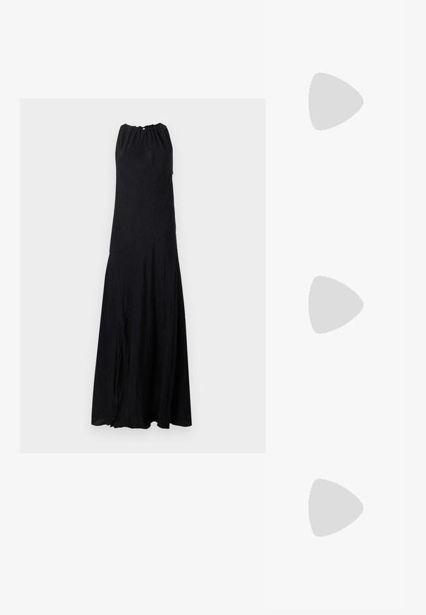 Punainen V-kaula-aukko T-paita pehmeästä kankaasta, jossa on lyhyet hihat, yhdistettynä mustiin shortseihin, joissa on rento istuvuus ja minimalistinen muotoilu.; Pinko AGNOLOTTO ABITO LOVE BIRDS UNITO - Maksimekko - nero limousine; Musta nahkainen slingback-korkokenkä, jossa on teräväkärkinen muotoilu, sileä pinta ja huolellinen hihna, jossa on metallikuva.; Mustan paljetti-minilaukku, jossa on solmittu teksturoidu hihna ja hopeaketju. Pyöreä muoto, joissa on rypistetty yläosa ja heijastava yksityiskohta.; Kultaiset ympyräkorvakorut, joissa on tekstiurakuviointi ja kolme kirkasta kristallikoristetta yhdellä puolella, tarjoavat modernin geometrisen estetiikan.