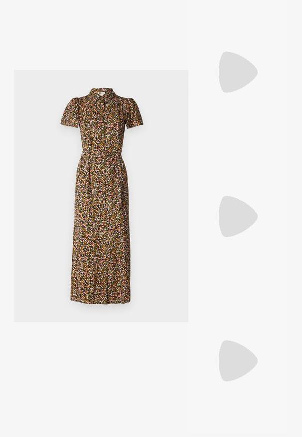 Rochie florală cu mâneci scurte tip puff, guler și talie ajustată, având un fundal negru cu modele de flori multicolore. Lungime lungă.; Sandalie din piele albă cu trei curele late, cataramă la glezna și talpă înfășurată în iută. Design plat cu o textură naturală.; Ochelari de soare negri cu rame dreptunghiulare, finisaj mat, lentile întunecate și brațe ușor curbate. Accente subtile cu logo pe o ramă.; Set de cercei rotunzi din aur, cu diferite dimensiuni și designuri, incluzând stiluri mici, medii și mari, cu finisaje metalice netede.