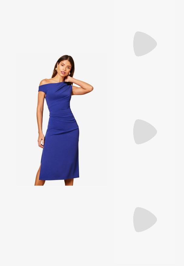 Lipsy DRAPE ONE SHOULDER RUCHED - Kokteilikleit/peokleit - blue; Mustad nahast slingback-kontsad terava varba ja peene reguleeritava rihmaga, umbes 5 cm kõrguse stiletto-kontsaga, siledast tekstuurist.; Valge nahast käekott struktureeritud disainiga, millel on magnetlukk ja õlavarre rihm, esitletud neutraalse tausta ees.; Kuldtooni kõrvarõngad ovalikujuliste selgete kristallidega, mille ümber on väiksemad selged kivid, ja kaarvormiga disain, et tagada kindel kandmine.