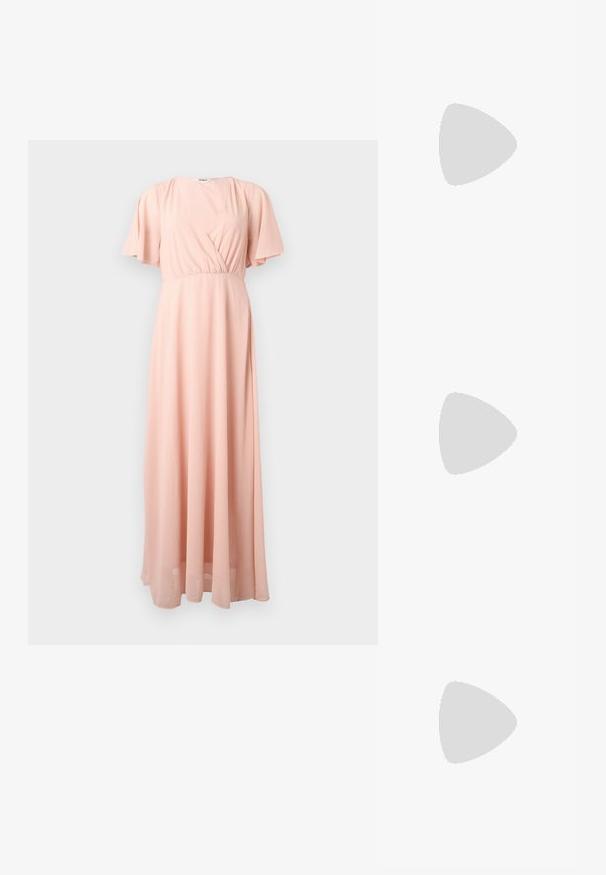 Rochie lungă, vaporoasă, dintr-un material roz deschis, cu decolteu în V, mâneci scurte și fluturânde, și talie strânsă, oferind o ajustare relaxată și o cădere elegantă.; Pantof cu toc înalt și vârf ascuțit, cu o schemă de culori argintii, aurii și nude. Finisaj lucios cu un design decupat, având un toc stiletto.; Pouch bag metalizat argintiu, cu o formă moale și rotunjită și un închidere de tip nod la partea de sus. Fabricat dintr-un material sintetic din piele netedă.; Cercei din argint cu un design torsadat, având un finisaj lucios și închidere cu tijă. Au un diametru de aproximativ 3 cm.