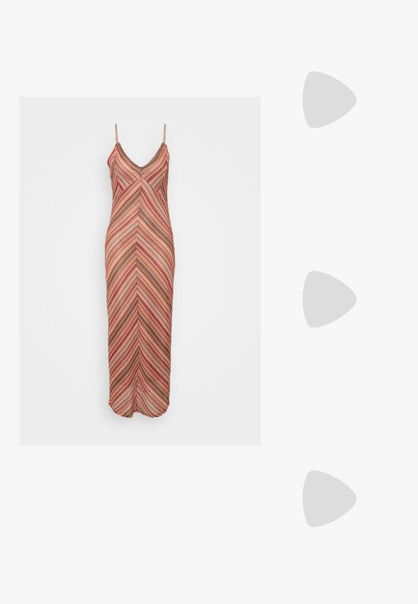 Strappy maxi dress featuring a chevron pattern in shades of pink, orange, and brown, made from a lightweight, textured fabric.; RAID ANSHIKA - Sandals - black; Yellow woven clutch wallet with a flap design, a detachable wrist strap, and a gold chain accent. Smooth texture and rectangular shape.; Gold hoop earrings featuring a smooth, rounded design with a shiny finish. Lightweight construction with a secure clasp closure.