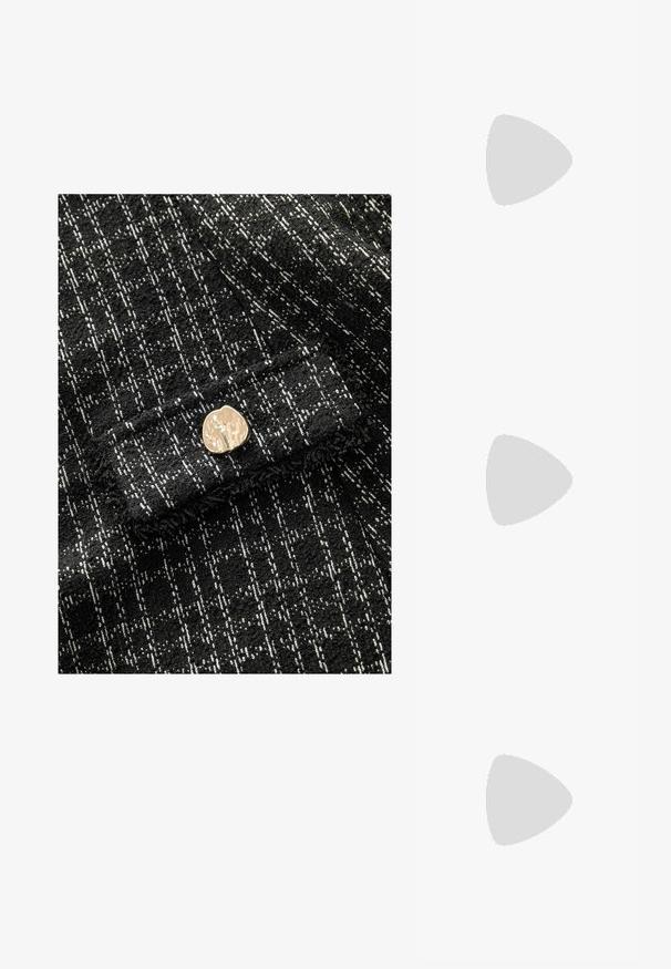 Črno-bele teksturirane tkanine z check vzorcem, s zlatim kovinskim gumbom na sprednji strani. Mehka, tkana tkanina.; Bežna slingback čevlja z uskim sprednjim delom, črnimi detajli, zlatim zaponko in debelim blokovskim peto na sivi tleh s temno zeleno ozadje.; Rjavi pravokotni sončna očala z gradientnimi lečami, debelimi okvirji in detajlom logotipa na strani. Gladek plastičen material, minimalističen dizajn.; Rumeno usnjeno-usnje z vzorcem krokodila, s strukturiranim dizajnom, zgornjo ročajem, snemljivo verižico in dekorativnim kristalnim okrasjem na zaponki.