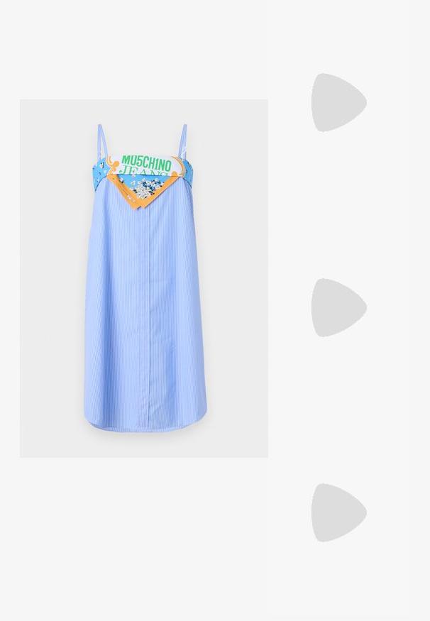 MOSCHINO JEANS SEASON SPECIALS - Cocktail dress / Party dress - light blue; White short-sleeve t-shirt made of ribbed fabric. Round neckline, regular fit, and subtle stitching details. No patterns or graphics.; Black leather ballet flat with a rounded toe, smooth texture, minimal stitching detail, and a flexible sole design.; Brown leather handbag with a flap closure, gold-tone hardware, a shoulder strap, and a smooth texture. Compact rectangular shape.