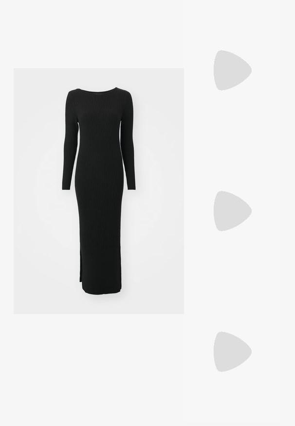 Robe longue noire à côtes avec une coupe ajustée, un col rond et des manches longues. Présente une fente sur le côté en bas pour faciliter les mouvements.; Chaussure slingback en cuir verni noir avec un embout pointu, des brides de cheville avec des boucles en argent et des éléments en métal, et un talon fin.; Sac à main en cuir noir avec une forme courbée, bandoulière amovible et des accessoires en or. Le sac est doté d'un rabat avec un détail de boucle.; Boucles d'oreilles dorées présentant des formes texturées et ondulées. Comprend des clips sculpturaux et un design de créoles ouvertes avec une finition martelée.