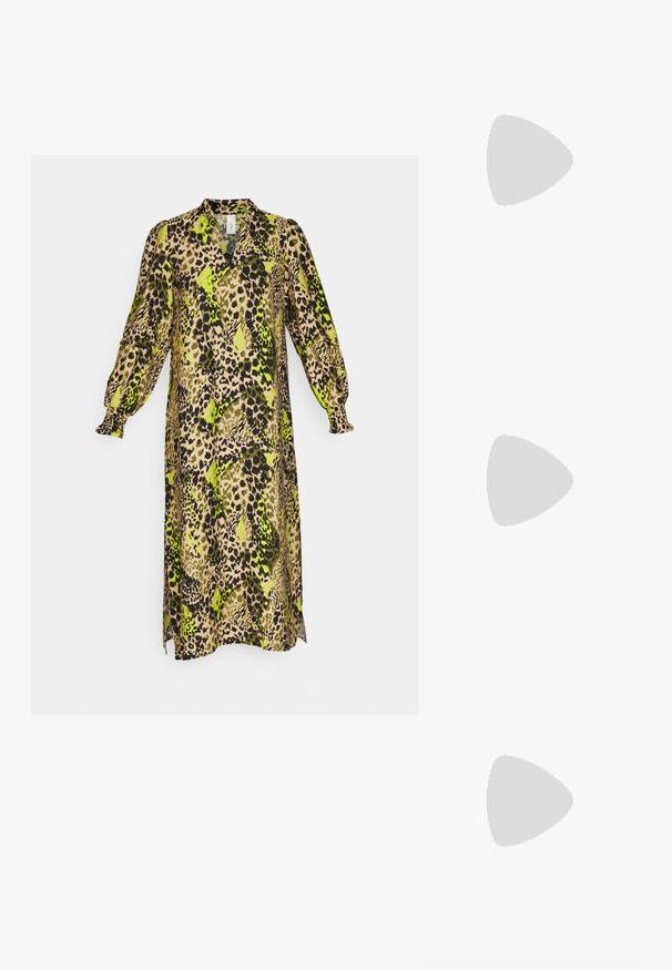 Beige, rohelise ja musta leopardimustriga kleit. Pikad puhvärvlid ja kaelus, külgedel lõhenemised ja voogav siluett.; Pruunid nahast cowboy saapad terava varbaga ja plokk-kandaga, millel on detailne tikand ja kergelt tõstetud aktsendid varrel.; Kassi vormiga prillid musta ja oranži kilpkonnakujulise raami, pruunide läätsede ja elegantsete teravate otstega. Templi juures on minimaalne logo.; Punane nahast käekott, millel on nurkadega geomeetriline disain. Omab ühte reguleeritavat rihma ja klappidega sulgemist, millel on õmblustega kaunistused.
