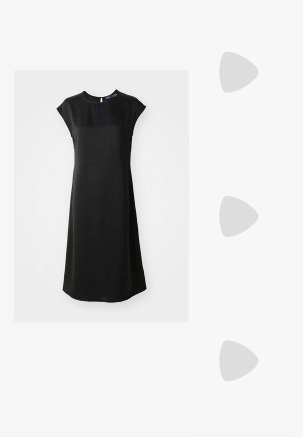 Black, short-sleeved dress with a relaxed fit, round neckline, and a subtle sheen. Features a back keyhole opening and smooth texture.; White leather sneakers, low-top design, featuring a smooth texture, round toe, laced front, and a small embroidered logo on the side.; Black leather half-moon bag with a gold hardware accent, featuring a zip closure. Worn crossbody over a gray sweater.; Gold-tone knot stud earrings with a twisted design. Each earring features a circular clear backing for secure wear.