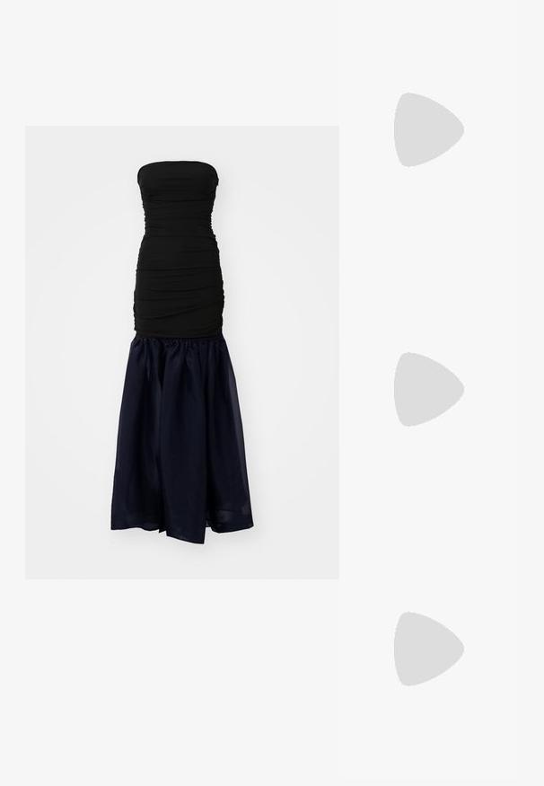 STAUD LIYA DRESS - Proginė apranga - black/navy; Juodai lakuoti slingback aukštakulniai su smailiu nosiu, su tekstūruotu gyvatės raštu, reguliuojama juosta ir trumpu, tekstūruotu blokiniu kulnu.; Juodas odinis per petį nešiojamas krepšys su dviem priekiniais kišenėmis, auksiniais sagtimis, užtrauktuko uždarymu ir siauromis petnešomis. Textūruota paviršius ir kompaktiškas stačiakampis formatas.; Auksinės metalinės auskarų kabės su lenktą, pailgą forma. Turi lygų, blizgantį paviršių ir užapvalintą galiuką papildomam akcentui.