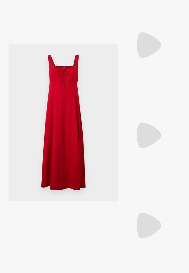 Red, sleeveless maxi dress with a square neckline, gathered waist, and tie detail. Made of lightweight fabric, featuring a flowing design.; Anna Field by Zalando Classic heels - gold; Anna Field by Zalando Handbag - offwhite; Gold-tone ring featuring an organic, twisted design with smooth texture and tapered ends, creating a modern, sculptural appearance.