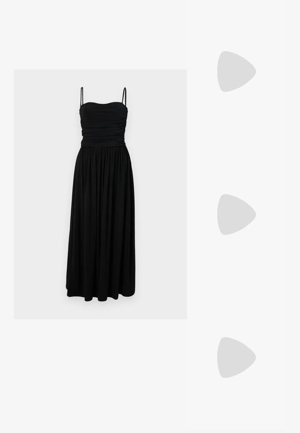 Zwarte maxi-jurk met een getailleerde bovenkant, geplooide textuur en dunne bandjes. De vloeiende rok reikt tot de vloer en is gemaakt van een zachte, lichtgewicht stof.; Witte korte mouwen t-shirt van ribstof. Ronde halslijn, normale pasvorm en subtiele stiksels. Geen patronen of grafische elementen.; Zwarte leren ballerina met een ronde neus, gladde textuur, minimale stikdetails en een flexibele zoolontwerp.; Bruine leren handtas met een klep sluiting, gouden hardware, een schouderband en een gladde textuur. Compact rechthoekige vorm.