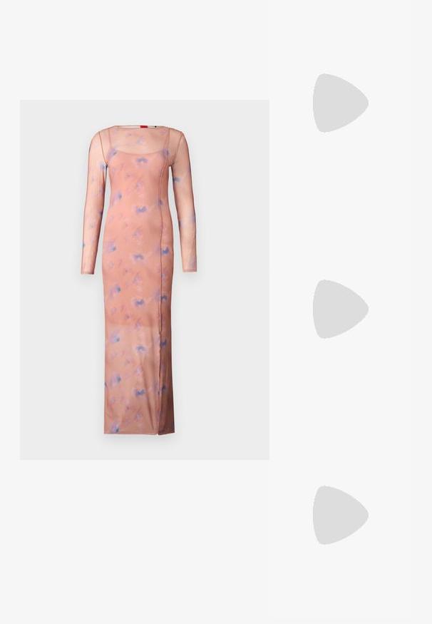 Long, fitted dress made of soft, sheer fabric in a peach color, adorned with a subtle blue abstract pattern, featuring long sleeves and a square neckline.; Black high-heeled sandals feature thin straps with a knotted design, a smooth square toe, and a sleek stiletto heel.; Light gray metallic handbag featuring a chain strap, embellished with small circular metallic studs and a triangular brand logo.; Silver hoop earrings with a smooth, shiny finish. Rounded shape, lightweight design, featuring a post-back closure.