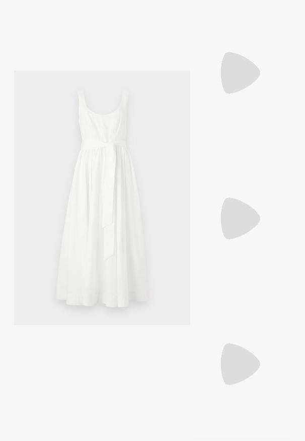 Valge ilma varrukateta kleit, millel on sobiv bodi ja voolav, midi-pikkusega seelikuosa. Omab seotud vöö osa ning sileda puuvillase tekstuuri.; Mustad nahast libisemisega mullingud terava varbaga, volditud tekstuuriga ja väikese kitinõelaga. Omab tõmbluku detaili avas.; Roheline satiinist mantel, millel on volditud eesmine disain, keskel kokku tõmmatuna, siledast tekstuurist, lühikese pikkusega ja ümmarguse kaelusega.; By Malene Birger MIRAS - Käekott - raspberry