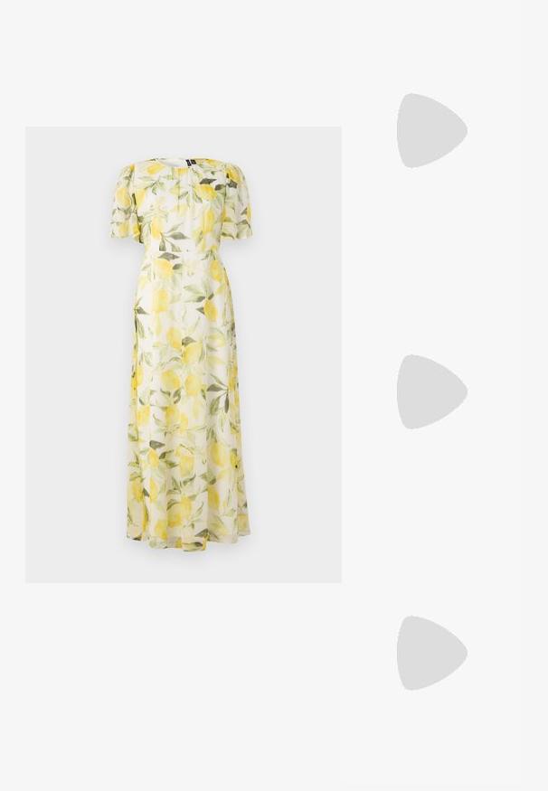 Rochie florală cu imprimeu de lămâie pe material transparent alb, cu mâneci pufoase scurte și talie strânsă, care se desfășoară până la lungimea maxi.; Pantofii slingback din piele lăcuită neagră, cu vârf ascuțit, bretele pentru gleznă cu catarame și accesorii din argint, și un toc subțire.; Geantă de umăr metalică aurie cu un design structurat, textură netedă și curea reglabilă. Prezintă o formă triangulară unică și cusături minimaliste.; Cercei aurii cu forme texturate și ondulate. Include studs sculpturale cu clip și un design de cerc deschis cu un finisaj cioplit.