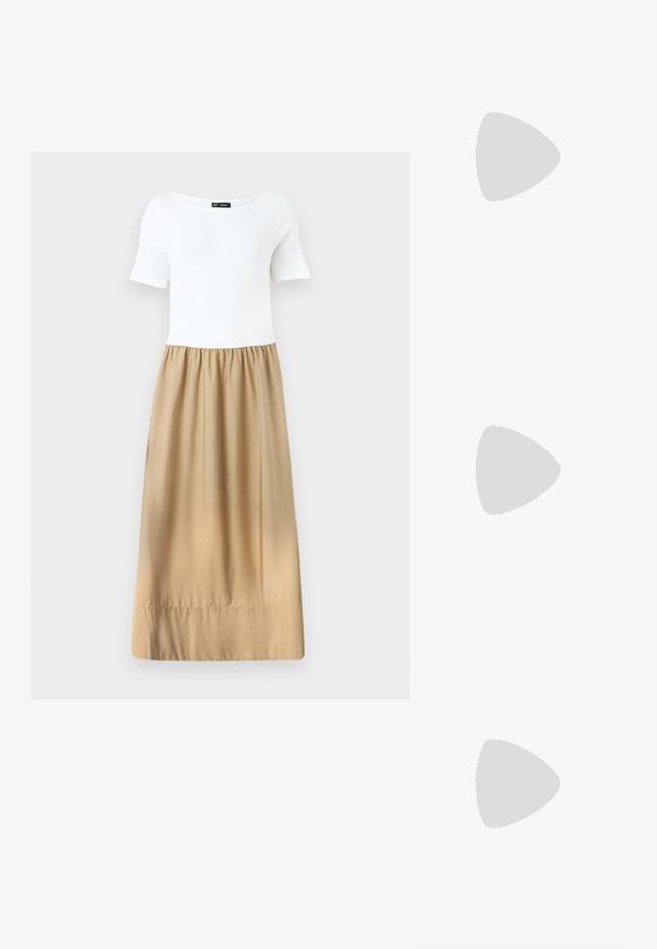 GAP DRESS - Maksi suknelė - new off white; Balta medvilnė marškinėliai su dideliu, ryškiu raudonu omaru grafiku priekyje. Trumpomis rankovėmis ir standartiniu apvaliu kaklu.; Balti aukštakulniai drobės sportbačiai su juodu guminio pado, priekinio guminio piršto dangteliu ir šešiais akytėmis raištams, pasižymintys švariu, minimalistiniu dizainu.; Raudona odinė rankinė su kampuota, geometrine forma. Pasižymi viena reguliuojama dirželiu ir dangteliu su siuvinėtais dekoracijomis.