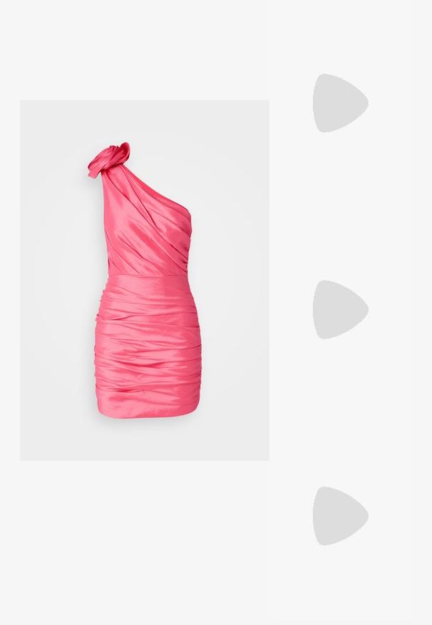 One-shoulder pink satin dress with gathered texture, fitted silhouette, and a rose accent on the shoulder. Short length.; Black strappy sandal with a square toe and a low block heel. Features multiple thin straps and an adjustable ankle strap. Made of smooth leather.; Black leather crossbody bag featuring a smooth texture, rectangular shape, and a metallic chain detail on the front. Adjustable strap included.; Silver double-band ring with a smooth, polished surface. Features a fluid, curved design with overlapping sections for a modern look.