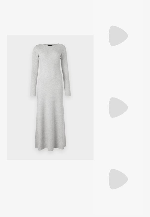 DRYKORN TEYANA - Abito in maglia - grey; Scarpa slingback nera con punta affilata e tacco basso, realizzata in pelle liscia e con un design a taglio laterale per favorire la traspirabilità.; Borsa nera con doppi manici corti e tracolla removibile. Materiale simile alla pelle liscia con chiusura a zip e dettaglio del logo.; Orecchini a cerchio argentati con un design liscio e curvo. Presentano una finitura metallica lucida e una chiusura a perno. Nessun motivo o accentuazione visibile.