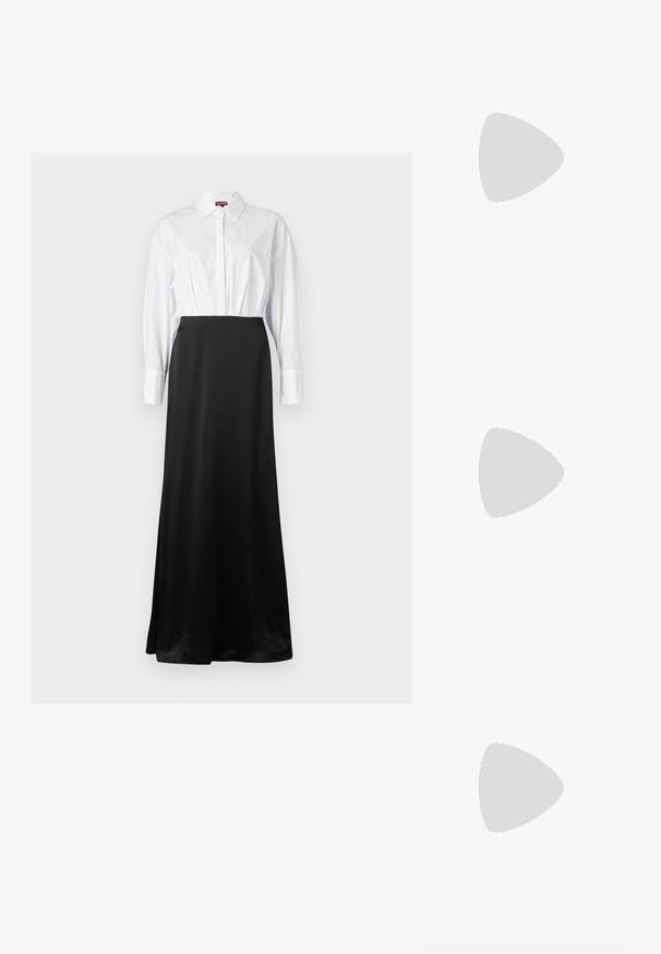 Fehér ing, hosszú ujjú, amelyet fekete selyem maxi szoknyával párosítanak, létrehozva egy kéttónusú, rétegzett designt.; Fekete lakk slingback sarok, hegyes orral, texturált kígyómintával, állítható pánttal és rövid, texturált tömbsarkal.; Fekete bőr keresztbody táska két elülső zsebbel, arany csattokkal, cipzáras záródással és vékony pánttal. Textúrált felület és kompakt téglalap alak.; Aranyszínű fémből készült karika fülbevalók ívelt, hosszúkás formával. Simaságával és fényes felületével, valamint lekerekített végével további részletekkel bővül.