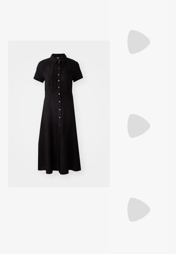 Rochie scurtă neagră cu mânecă scurtă, cu închidere cu nasturi în față, guler și fustă până la genunchi dintr-un material ușor. Textură netedă și croială ajustată.; Pantof cu toc înalt și vârf ascuțit, cu o schemă de culori argintii, aurii și nude. Finisaj lucios cu un design decupat, având un toc stiletto.; Pouch bag metalizat argintiu, cu o formă moale și rotunjită și un închidere de tip nod la partea de sus. Fabricat dintr-un material sintetic din piele netedă.; Cercei din argint cu un design torsadat, având un finisaj lucios și închidere cu tijă. Au un diametru de aproximativ 3 cm.