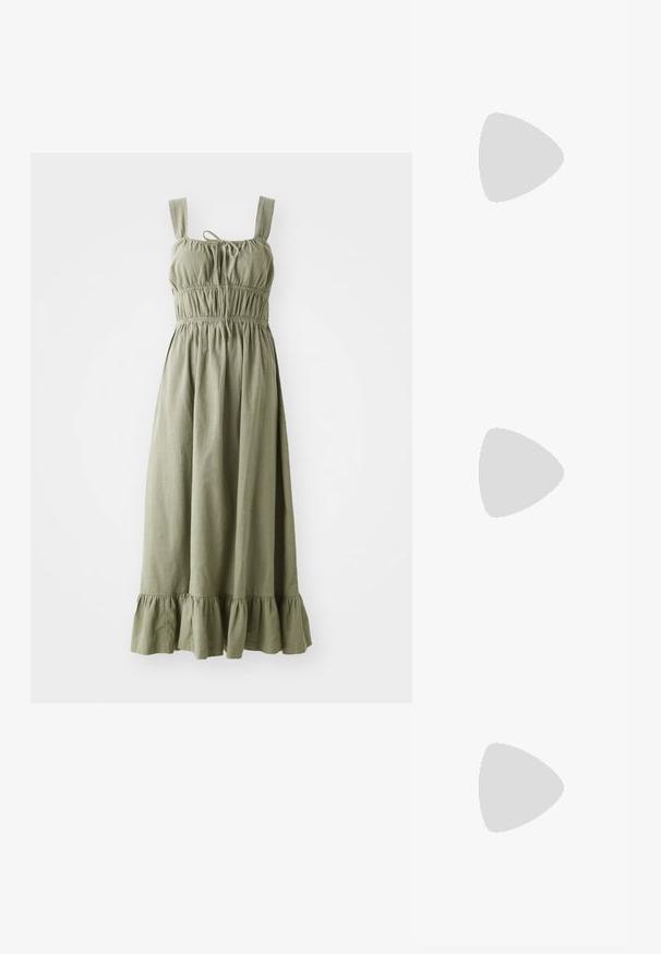 Robe maxi vert olive en tissu léger, dotée de bretelles réglables, d'une taille élastique et d'un ourlet froncé à volants.; Baskets basses en toile blanche avec une semelle en caoutchouc couleur gomme, bout rond, fermeture à lacets et détail en cuir sur le côté.; Lunettes de soleil en métal doré avec des verres foncés, en forme d'œil de chat, et branches noires avec un accent arc-en-ciel d'un côté.; Boucles d'oreilles en argent en forme de créoles avec un design torsadé, dotées d'une finition polie et d'une fermeture à poussoir. Mesurent environ 3 cm de diamètre.