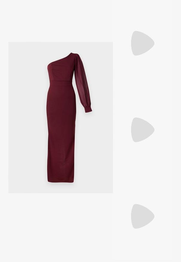 Burgundy estélyi ruha egy vállpántos kivitelben, formára szabott felsőrésszel és hosszú, áttetsző ballonujjjal. Simább textúra, földig ér.; Fehér slingback sarok, hegyes orral, sima felső anyaggal, alacsony blokk sarkával és oldalsó kivágott dizájnnal, állítható csatpánttal.; Kerek napszemüveg sötét lencsékkel és arany kerettel. A modellen világoskék, bordázott kardigán van gombokkal és kontrasztos fehér ujjaival.; Michael Kors bézs bevonatos vászon karkötő, amely ismétlődő MK logó mintával, aranyszínű fémrészletekkel és levehető lánchordóval rendelkezik.