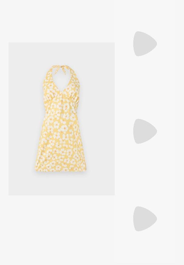 Floral halter dress in yellow with white and orange flowers. Features a v-neckline, fitted bodice, and flared skirt. Smooth texture.; Slingback shoe with a blush leather upper and glossy black cap toe. Features a small block heel and an adjustable ankle strap.; DRAGON DIFFUSION SANTA CROCE BIG - Handbag - bordo; Gold-tone shell-shaped earrings with a ridged texture and polished finish. Stud style with a secure post closure.