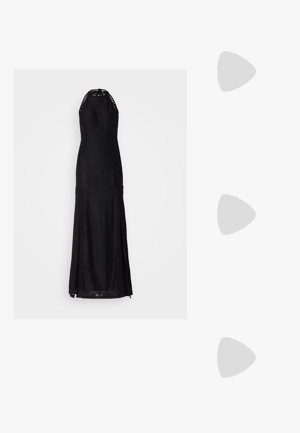 Black maxi dress with a geometric pattern, sleeveless design, round neckline, and detailed cutouts along the hem and sides.; Black high-heeled sandals feature thin straps with a knotted design, a smooth square toe, and a sleek stiletto heel.; Light gray metallic handbag featuring a chain strap, embellished with small circular metallic studs and a triangular brand logo.; Silver hoop earrings with a smooth, shiny finish. Rounded shape, lightweight design, featuring a post-back closure.