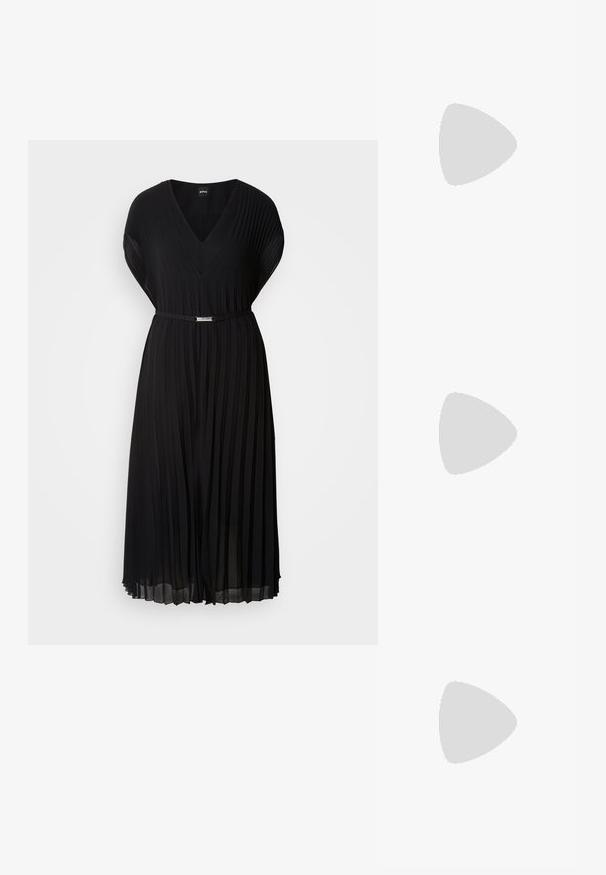 Black pleated dress with V-neckline and short sleeves, featuring a thin belt with a metallic buckle at the waist. Soft fabric texture.; Black patent slingback heel with a pointed toe, featuring textured snake print, adjustable strap, and a short, textured block heel.; Black leather crossbody bag with two front pockets, gold buckles, zipper closure, and a slim strap. Textured surface and compact rectangular shape.; Gold-tone metal hoop earrings with a curved, elongated shape. Features a smooth, shiny surface and a rounded tip for added detail.