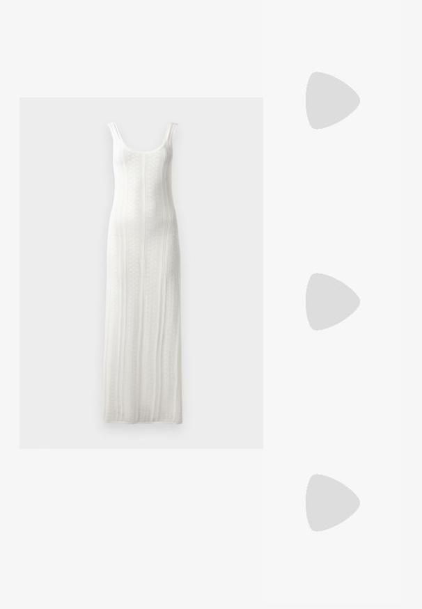 Knit white maxi dress with a scoop neckline, ribbed texture, and wide straps. Features vertical stripe pattern and a straight silhouette.; Black leather sandal with a square toe, thin straps, adjustable ankle strap, and a low heel. Features a small gold accent on the strap.; Black crocodile-embossed leather handbag with a structured design, top handle, adjustable strap, and a prominent front logo detail.; Gold-tone brooch featuring a knotted design with smooth, curved lines and an intricate shape, reflecting a polished finish.