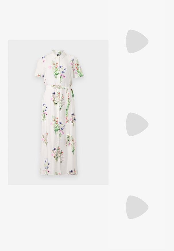 Vestido maxi floral com mangas curtas, base branca, frente com botões e cinto de tecido. Apresenta um padrão de flores coloridas e uma textura suave.; Sapato slingback preto em pele patentada com bico apontado, tiras no tornozelo apresentando fivelas e acessórios prateados, e um salto elegante.; Bolsa de mão metálica dourada com um design estruturado, textura suave e alça ajustável. Apresenta uma forma triangular única e costura minimalista.; Brincos em tom de ouro com formas onduladas e texturizadas. Inclui studs escultóricos com presilha e um design de argola aberta com um acabamento martelado.