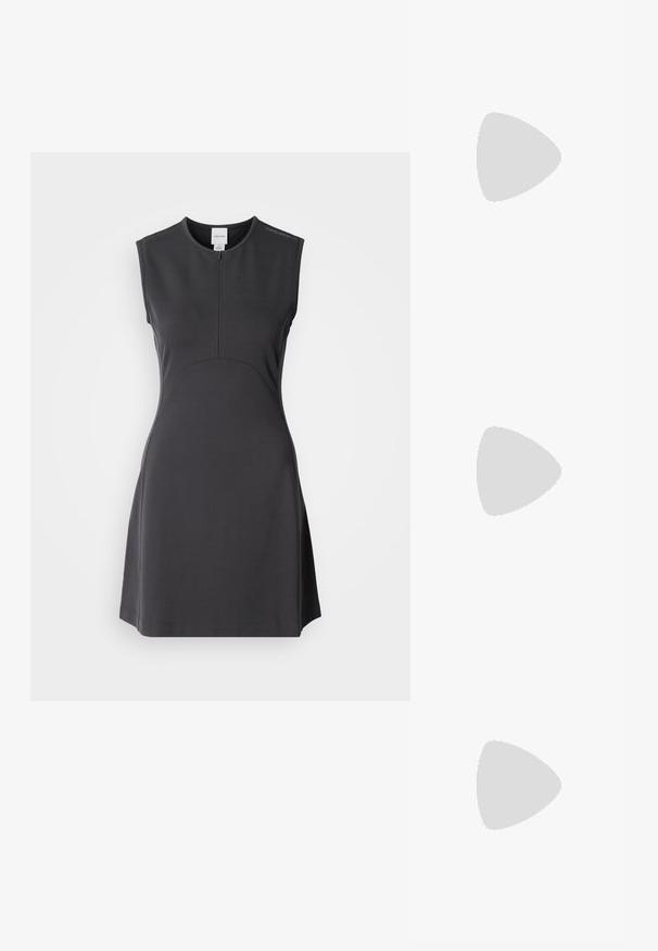 Sleeveless black dress made of smooth fabric, featuring a high neckline, a front zipper, and a fitted bodice with flared hem.; Black heeled sandals with a slender strap design, square toe, and a mid-height block heel. Made from smooth leather with a matte finish.; Calvin Klein LINEAR CAMERA BAG - Cross body bag - black; Three metal rings: one rose gold, one gold with textured accents, and one silver, all with engraved branding on the inner band.