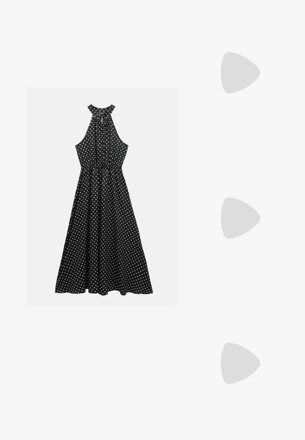 Črna halter obleka z belimi pikicami, z oprijetim pasom in lahkotnim krilom. Narejena iz mehke tkanine z gladko teksturo.; Črne patentne usnjene salonarce s slingback obliko, s koničastim nosom, zaobljenim izrezom in blok peto. Imajo zlato kovinsko zaponko kot dodatno okrasje.; Črne prevelike sončne očala z degradacijskimi lečami, debelimi okvirji in zlatimi verižicami na ročajih.; Črna torbica z teksturirano površino, z dvema zgornjima ročajema in nastavljivim ramenskim pasom. Ima zlatovrateče dodatke in stranske žepe.