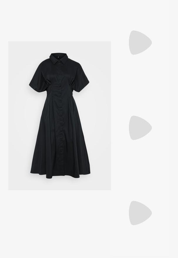 Vestido preto com mangas curtas e largas, frente abotoada e saia completa com pregas. Feito de um tecido liso e leve.; Sandálias slingback em couro branco com várias tiras largas e fivelas prateadas; sola plana com um pequeno salto preto e detalhes metálicos.; Bolsa carteira amarela de palha com um design de aba, uma alça de pulso destacável e um destaque em corrente dourada. Textura suave e forma retangular.; Brincos em argola dourados com um acabamento liso e brilhante. Design circular com um pequeno pino e suporte transparente para um uso seguro.