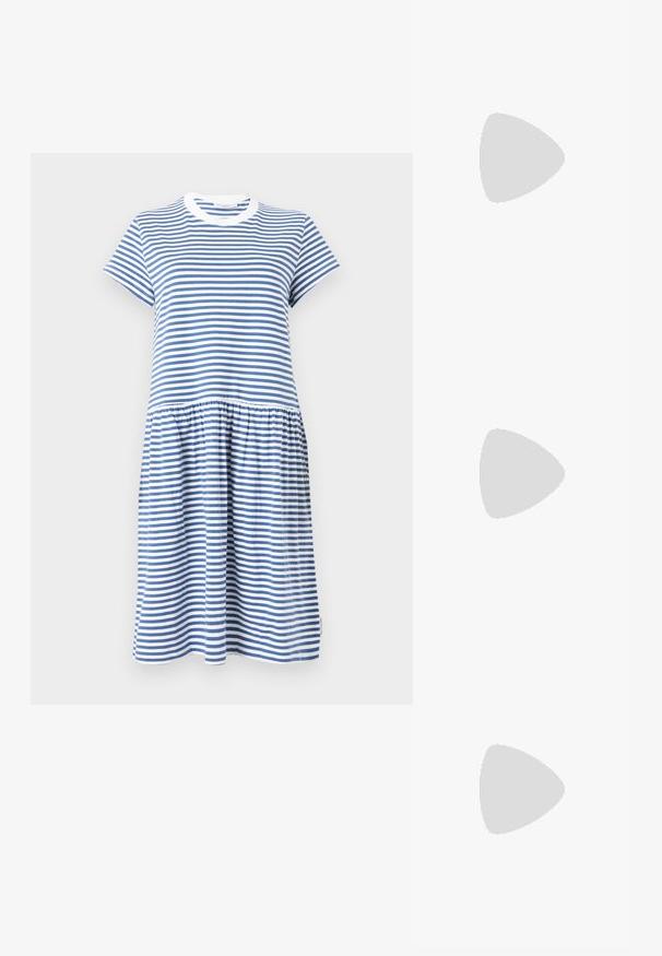 Striped dress in blue and white, made from soft cotton, featuring a round neckline, short sleeves, and a gathered skirt.; Black patent leather slingback heels with a pointed toe, a rounded cutout design, and a block heel. Features a gold-tone buckle accent.; Black oversized sunglasses with gradient lenses, thick frames, and gold-tone chain detailing on the temple arms.; Black handbag with structured shape, smooth texture, and a metallic clasp. Paired with wide black pants and open-toe sandals on wooden floor.