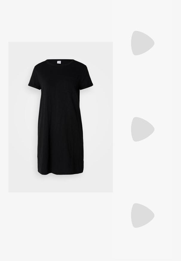 Svart bomulls t-skjortekjole med korte ermer, rund hals og lomme på brystet. Løs passform, kne-lang, glatt tekstur.; Svarte patentlær slingback hæler med spiss tå og geometrisk blokk hæl. Har et stilrent, minimalistisk design og jevn tekstur.; Even&Odd Håndveske - brown; Sølv hoops øredobber med en tvistet design, som har en polert finish og bakstøtte. Mål omtrent 3 cm i diameter.