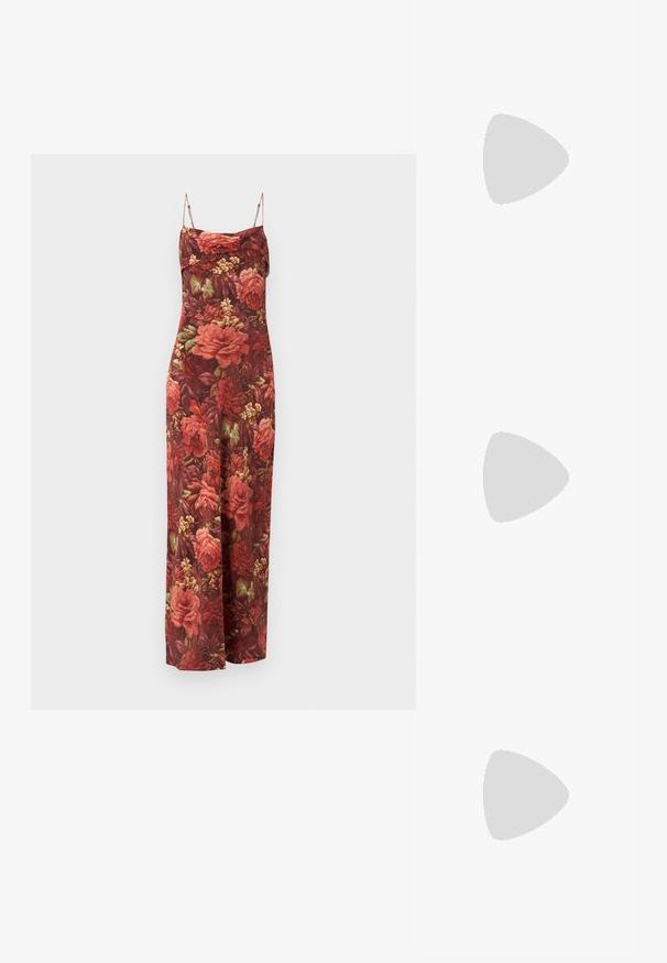 Floral maxi dress featuring a fitted bodice, thin straps, and a vibrant red and green floral pattern against a dark background.; Black patent leather high-heeled mule with a pointed toe and a sleek silhouette, featuring an open back and a slender stiletto heel.; Navy blue leather clutch with a crocodile texture, silver chain strap, and metallic clasp. Rectangular shape with foldover design.; Rabanne XL LINK DOUBLE HOOP EARRING - Earrings - silver-coloured