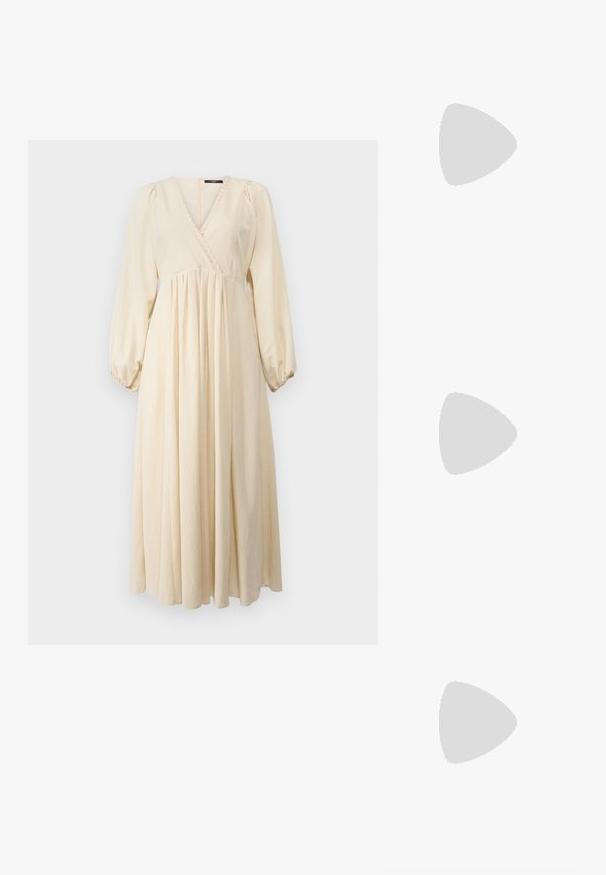 WEEKEND MaxMara FRANCIS - Päevakleit - ecru; Must must have must toote tõmblukuga, dekoratiivsed rihmad metallist silmadega ja madal blokk-kand. Tekstureeritud pind.; Pruun sametist õlavarre kott, millel on reljeefne lillemuster, mida täiendab sile pruun nahast rihm ja kuldse tooni lisandid.; Sõrmused, millel on omavahel põimunud kuld- ja hõberõngad, selge kuupilise zirkoonia aktsent ja tekstureeritud riba ühel rõngal.