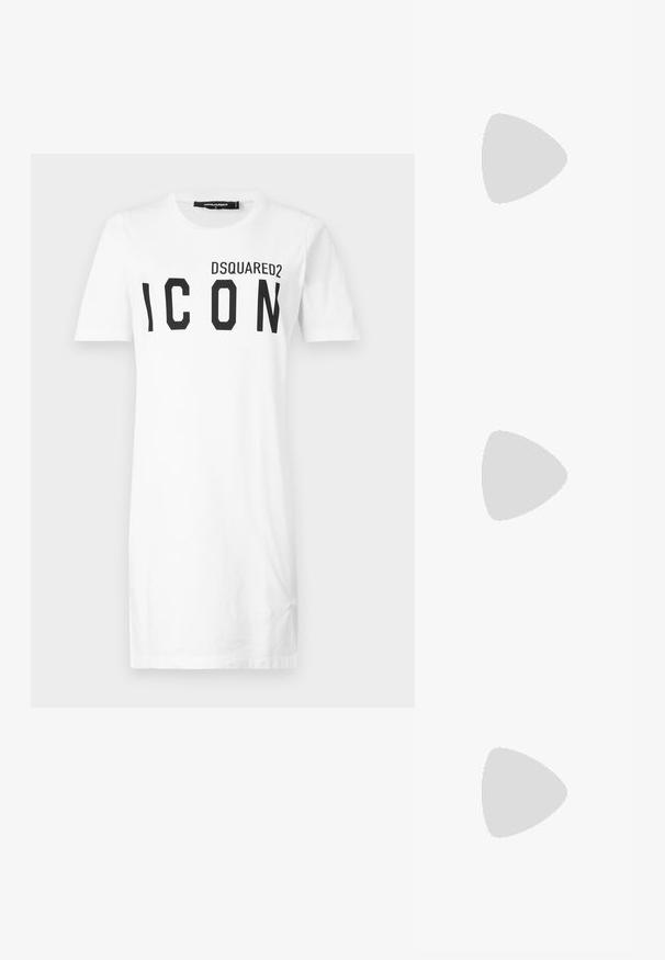 White cotton T-shirt with short sleeves, featuring a black bold "ICON" print and "DSQUARED2" logo above. Classic crew neckline.; Black leather ankle boot with a smooth texture, pointed toe, and a chunky high heel. Features a side opening and minimalistic design.; Black leather handbag with a silver chain strap, featuring decorative wing accents and white stitching along the bottom seam.; Black braided cord necklace featuring a polished gold heart pendant with smooth curves and a glossy finish.