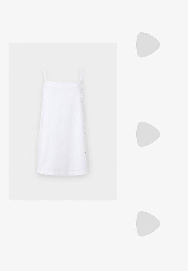 White linen dress with thin straps, straight cut, and a side button detail for closure. Smooth texture with a minimalist design.; White cotton t-shirt featuring a large, bright red lobster graphic on the front. Short sleeves and standard crew neck design.; White high-top canvas sneaker with black rubber sole, front rubber toe cap, and six eyelets for laces, featuring a clean, minimalist design.; Red leather handbag with an angular, geometric design. Features a single adjustable strap and a flap closure with stitched detailing.