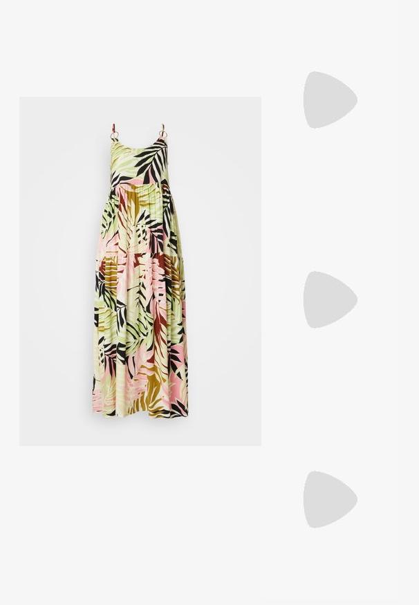 Rochie maxi cu decolteu rotund și bretele subțiri, având un model colorat cu frunze tropicale în nuanțe de verde, roz și maron.; Pantofi cu toc slingback din piele lacuită neagră, cu vârf ascuțit și toc geometric. Prezintă un design elegant, minimalist și o textură netedă.; Geantă din piele neagră, cu o formă curbată, curea detașabilă și accesorii aurii. Geanta are un capac cu un detaliu tip cataramă.; Cercei argintii cu un design în formă de cerc răsucit, având o suprafață texturată și detalii canelate, fixați cu un închizător cu tijă.