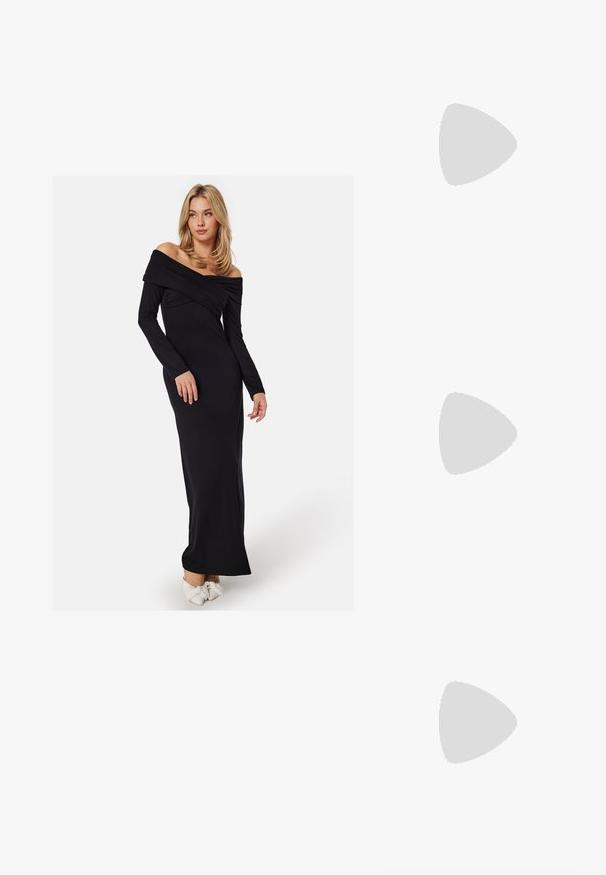 Bubbleroom SOFT OFF SHOULDER MAXI DRESS - Maxiklänning - black; Guld, metalliska slingback-klackar med spetsig tå och chunky klack. Slät textur, minimalistisk design och en smal rem.; Svart läderhandväska med en böjd form, avtagbar rem och guldiga detaljer. Väskan har ett lock med en spänndetalj.; Örhänge i guldtonad metall med en elegant, böjd design. Har en distinkt spetsig form, polerad yta och gångjärnslås.