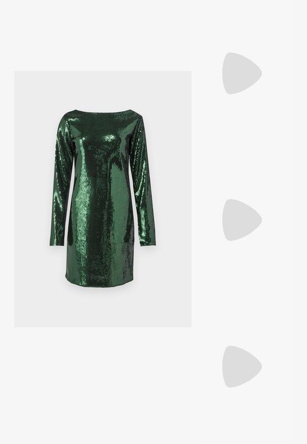 Robe verte en sequins avec des manches longues et un col bateau. Elle présente une coupe droite et une surface brillante et texturée. Aucun motif ni accent visible.; Chaussure à talon haut en cuir noir avec un bout pointu, texture lisse et un talon effilé. Design minimaliste, sans embellissements supplémentaires.; Calvin Klein LINEAR CAMERA BAG - Sac bandoulière - black; Boucles d'oreilles en argent avec une finition lisse et brillante. Forme arrondie, conception légère, avec un fermoir à tige.
