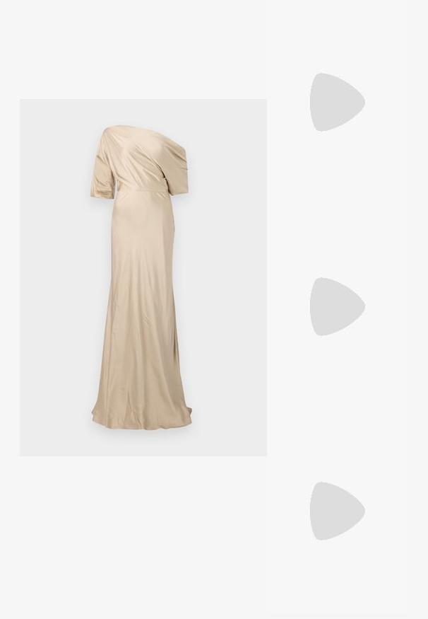 Malina MARISA ASYMMETRICAL - Alkalmi viselet - champagne; Fekete magas sarkú szandálok vékony pántokkal, csomózott mintával, sima négyzetes orral és karcsú stiletto sarkal rendelkeznek.; Világosszürke fémes kézitáska lánc pánttal, kis kör alakú fém kifinomult díszítéssel és háromszög alakú márkagéppel.; Ezüst karika fülbevalók sima, fényes felülettel. Lekerekített forma, könnyű kialakítással, tűs zárómechanizmussal.