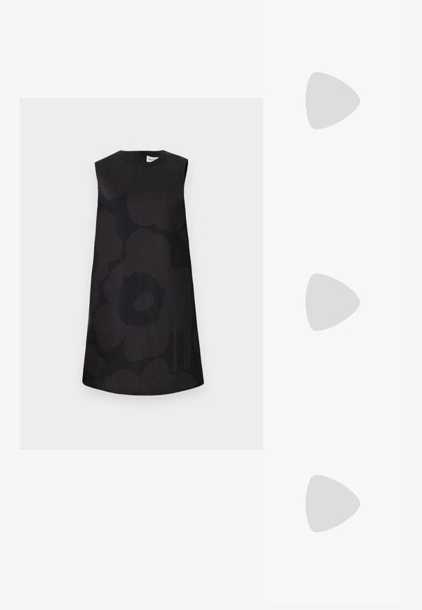 Black sleeveless dress featuring a floral pattern in varying shades of black. Round neckline and A-line silhouette with a zip closure at the back.; Silver metallic flats with a rounded toe, a narrow strap across the ankle, and a smooth texture, paired with blue denim jeans.; Black leather clutch bag with a rectangular shape, smooth texture, thin shoulder strap, and minimalistic design.; Three metal rings: one rose gold, one gold with textured accents, and one silver, all with engraved branding on the inner band.